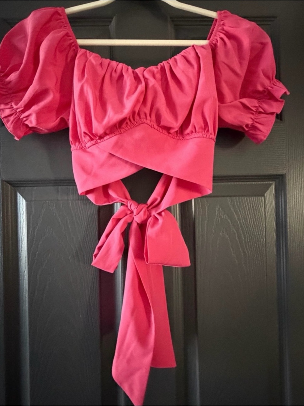 LYANER Hot Pink Off Shoulder Tie Back Crop Top L Puff Sleeve - Picture 4 of 8
